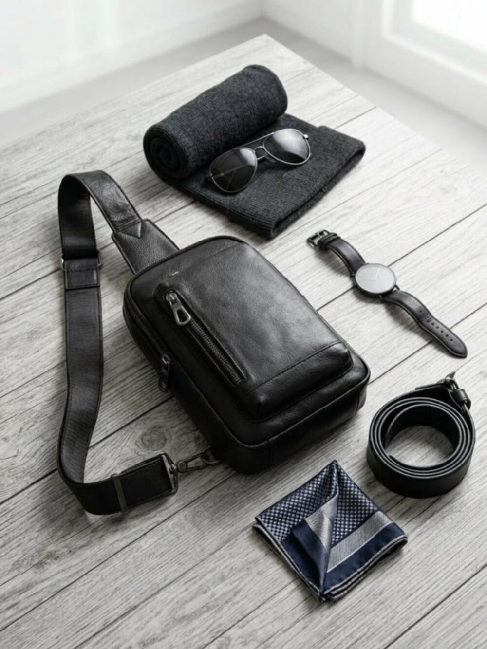 NWT Cenunco Leather Sling Bag Black Unisex Travel Chest Bag or Crossbody